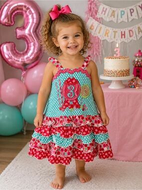 Custom Girls Pink & Teal Ruffle Birthday Dress - Gumball Machine 3 (012)
